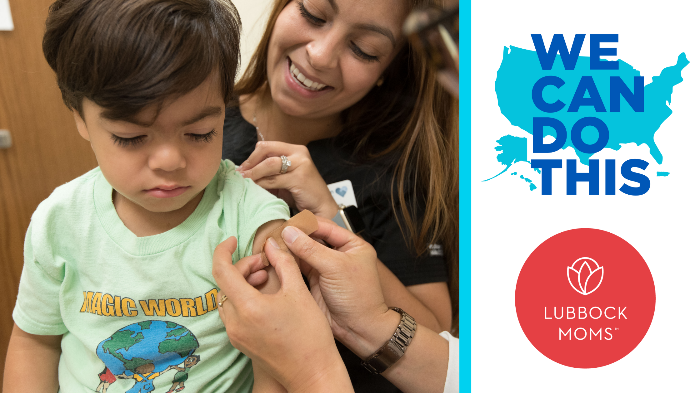 Image shows young boy after a vaccination and his smiling mother behind him.